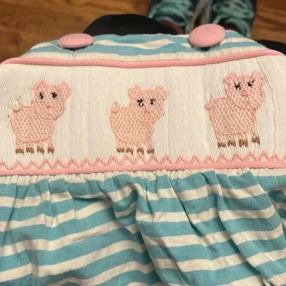 Three Sisters pig smocked striped romper size Newborn